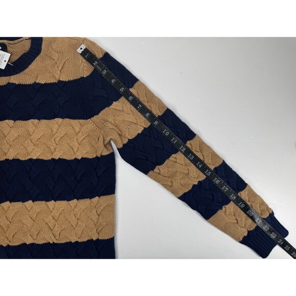 Lands End Women Drifter Sweater Medium Blue Tan Stripe Braided Cable Knit Preppy - Picture 9 of 13